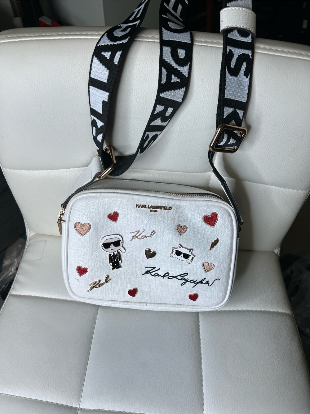 Karl Lagerfeld White Crossbody Camera Bag with Heart & Icon Embellishments